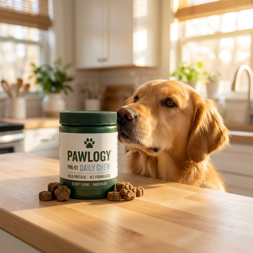 Dog with jar on counter